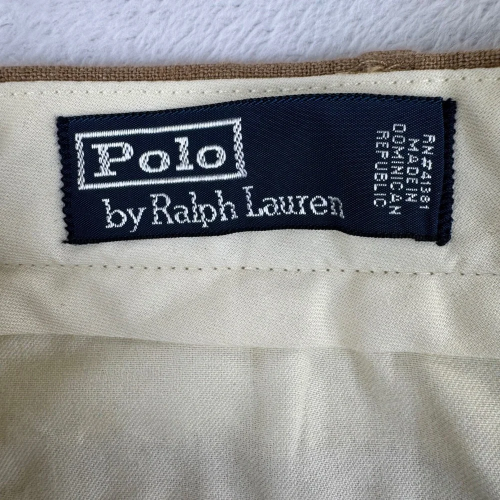 Vintage Polo Ralph Lauren Linen Trousers Mens 38x32 Tan Brown Pleated Cuff Pants